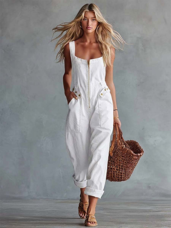 Charlotte - Overall lässig Retro aus Jeansstoff mit Reißverschluss und Kragen ärmellos