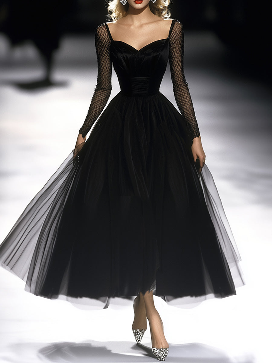 Lara - Maxikleid Retro für besondere Abende aus durchbrochenem Stoff mit Kragen und Einsätze durchbrochene Details