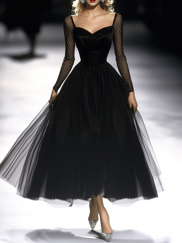 Lara - Maxikleid Retro für besondere Abende aus durchbrochenem Stoff mit Kragen und Einsätze durchbrochene Details