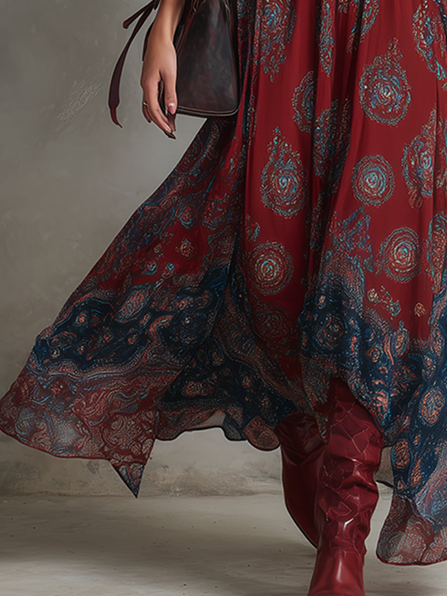 Rike - Maxikleid Western im Retro-Stil aus Chiffon abstrakt ärmellos