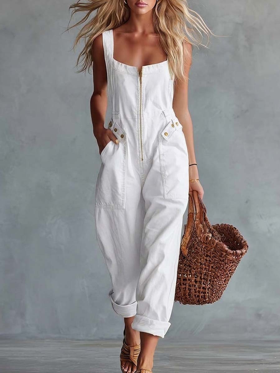 Charlotte - Overall lässig Retro aus Jeansstoff mit Reißverschluss und Kragen ärmellos
