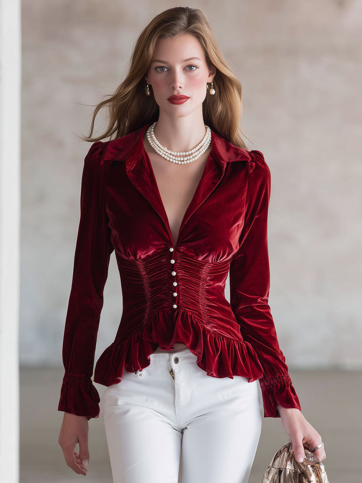 Angelika - Bluse Western im Retro-Stil aus Samt mit Volants und V-Ausschnitt plissiert