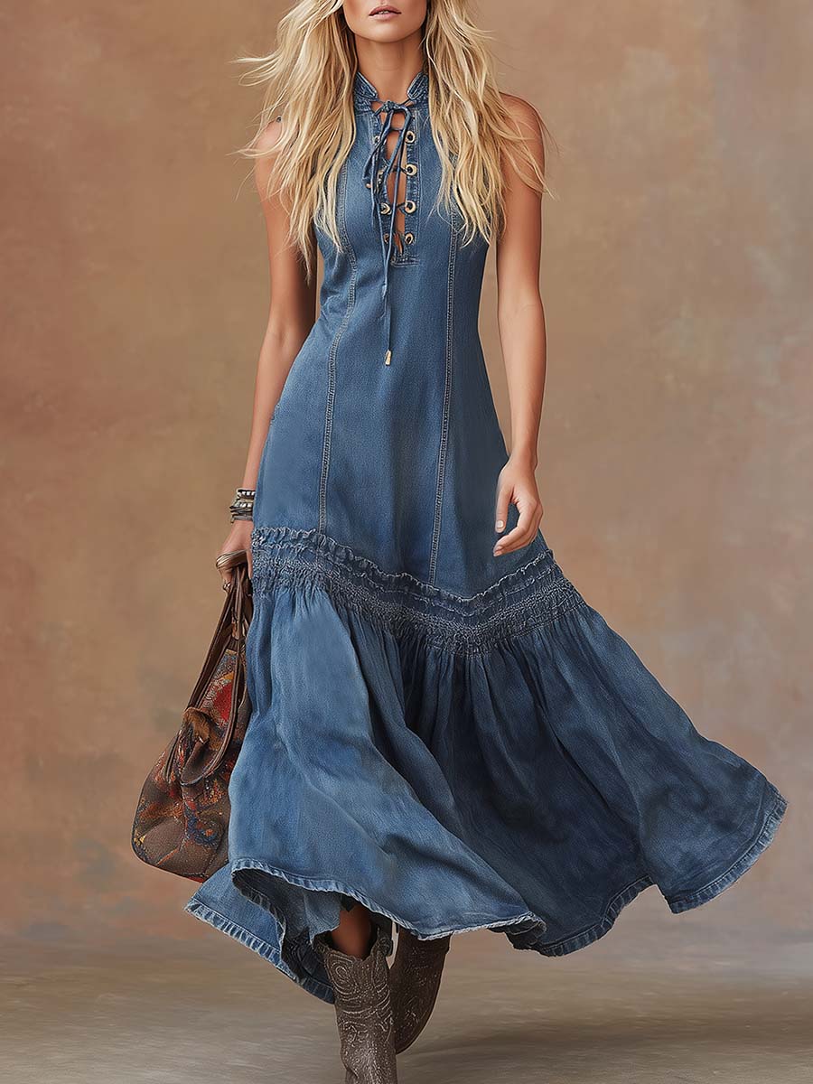 Elli - Elegantes Maxikleid Retro aus Jeansstoff ärmellos