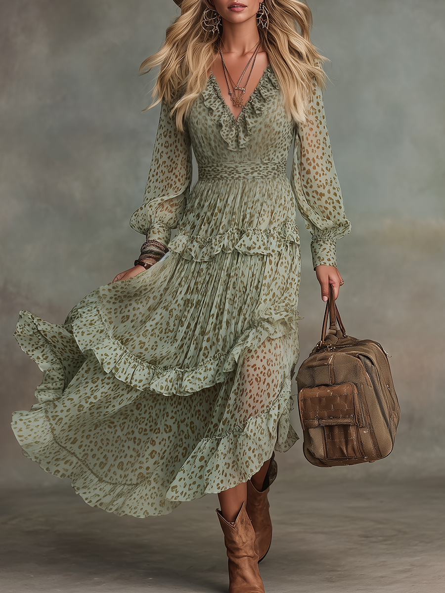 Gesine - Elegantes Midikleid Retro aus Chiffon Leopardenmuster mit Volants und V-Ausschnitt