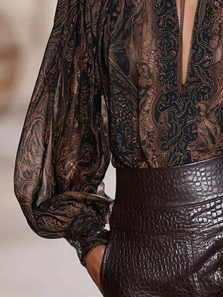 Ria - Bluse Western im Retro-Stil aus Chiffon abstrakt mit V-Ausschnitt