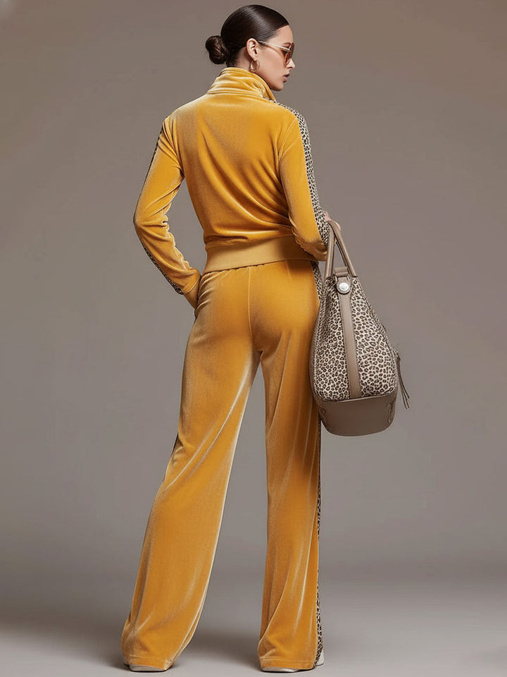 Nieke - Lässiges Hosen-Ensemble Retro aus Samt Leopardenmuster mit Kragen