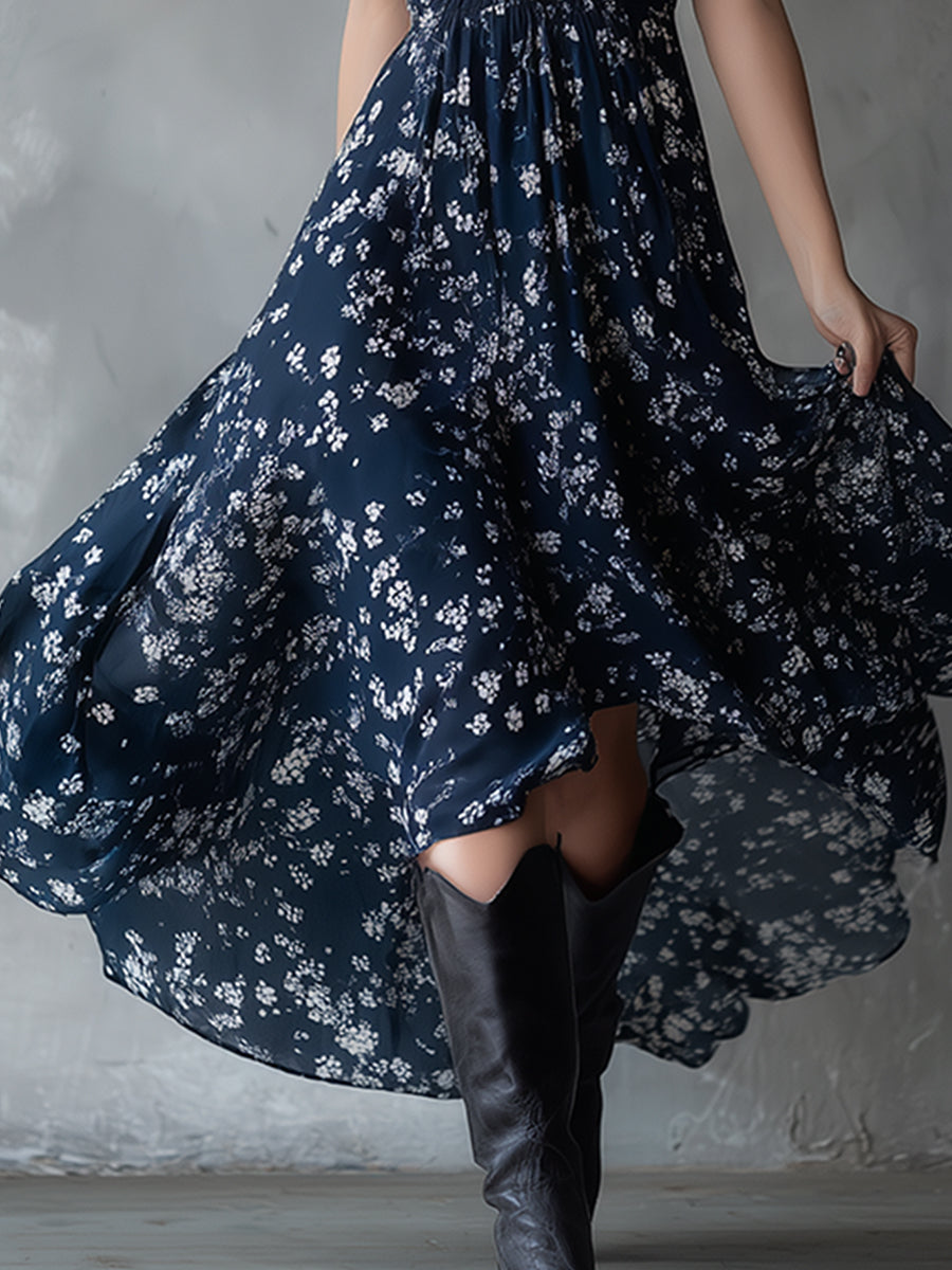 Inga - Maxikleid Western im Retro-Stil aus Chiffon Blumenmuster ärmellos