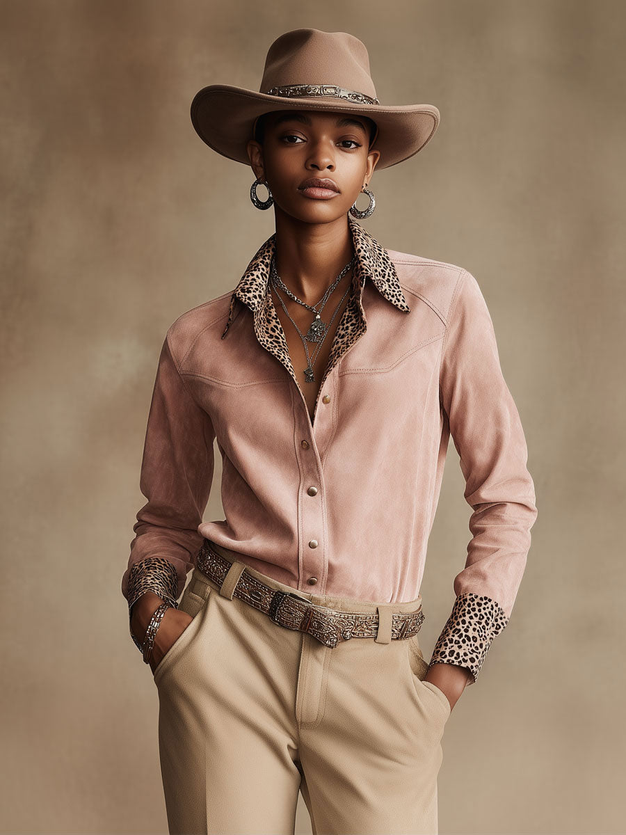 Natalie - Bluse Western im Retro-Stil aus Kunstwildleder Leopardenmuster mit V-Ausschnitt
