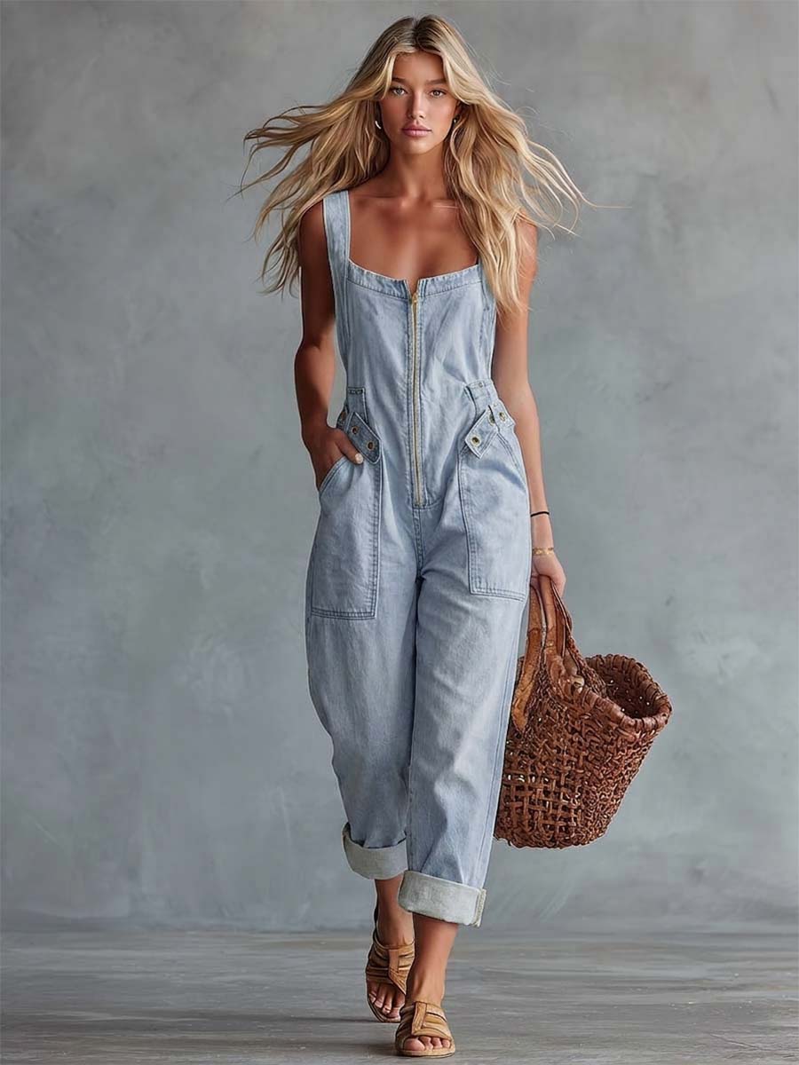 Charlotte - Overall lässig Retro aus Jeansstoff mit Reißverschluss und Kragen ärmellos