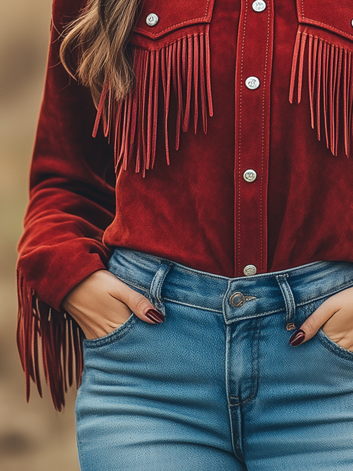 Lenya - Bluse Western im Retro-Stil aus Kunstwildleder mit Fransen und Kragen