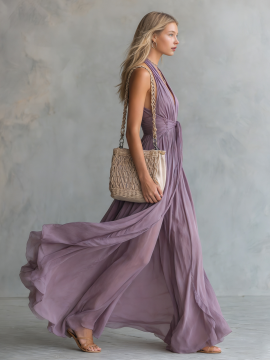 Maren - Elegantes Maxikleid für den Urlaub aus Chiffon mit V-Ausschnitt und ärmellosem Schnitt
