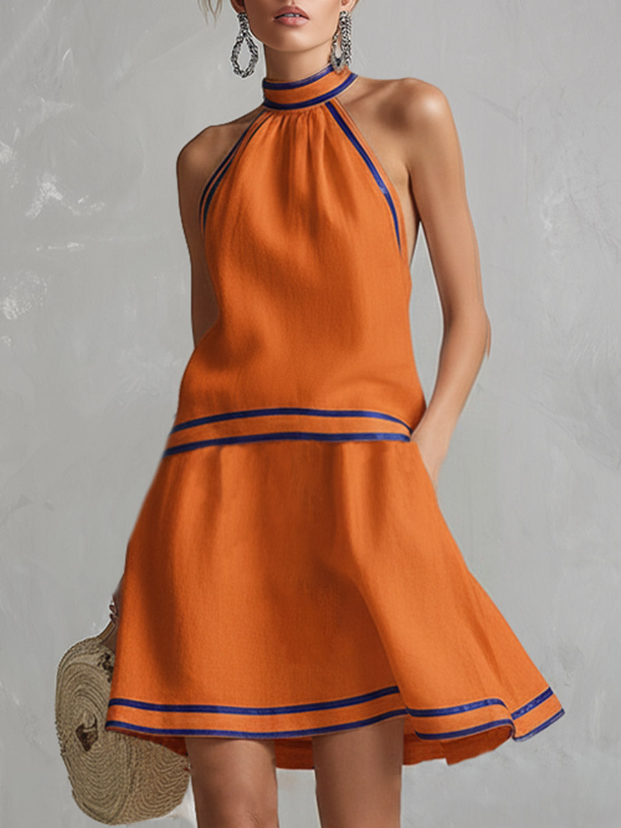 Rebecca - Elegantes Minikleid für den Alltag aus Leinen im Farbblock-Design ärmellos