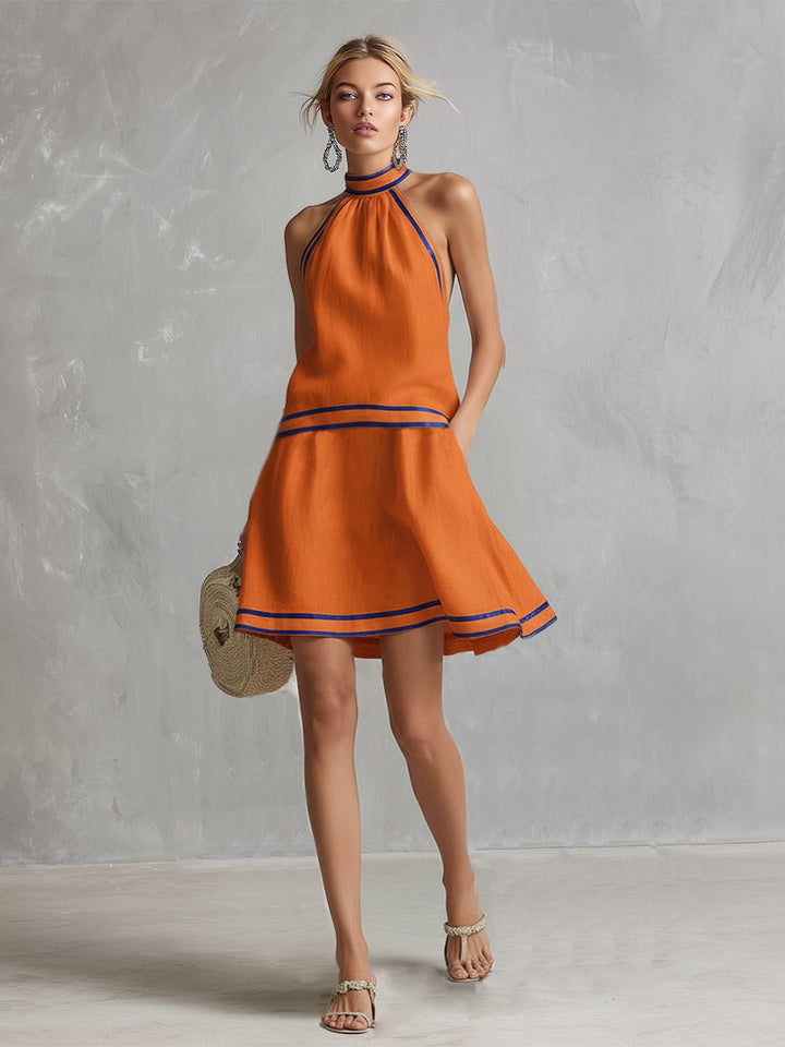 Rebecca - Elegantes Minikleid für den Alltag aus Leinen im Farbblock-Design ärmellos