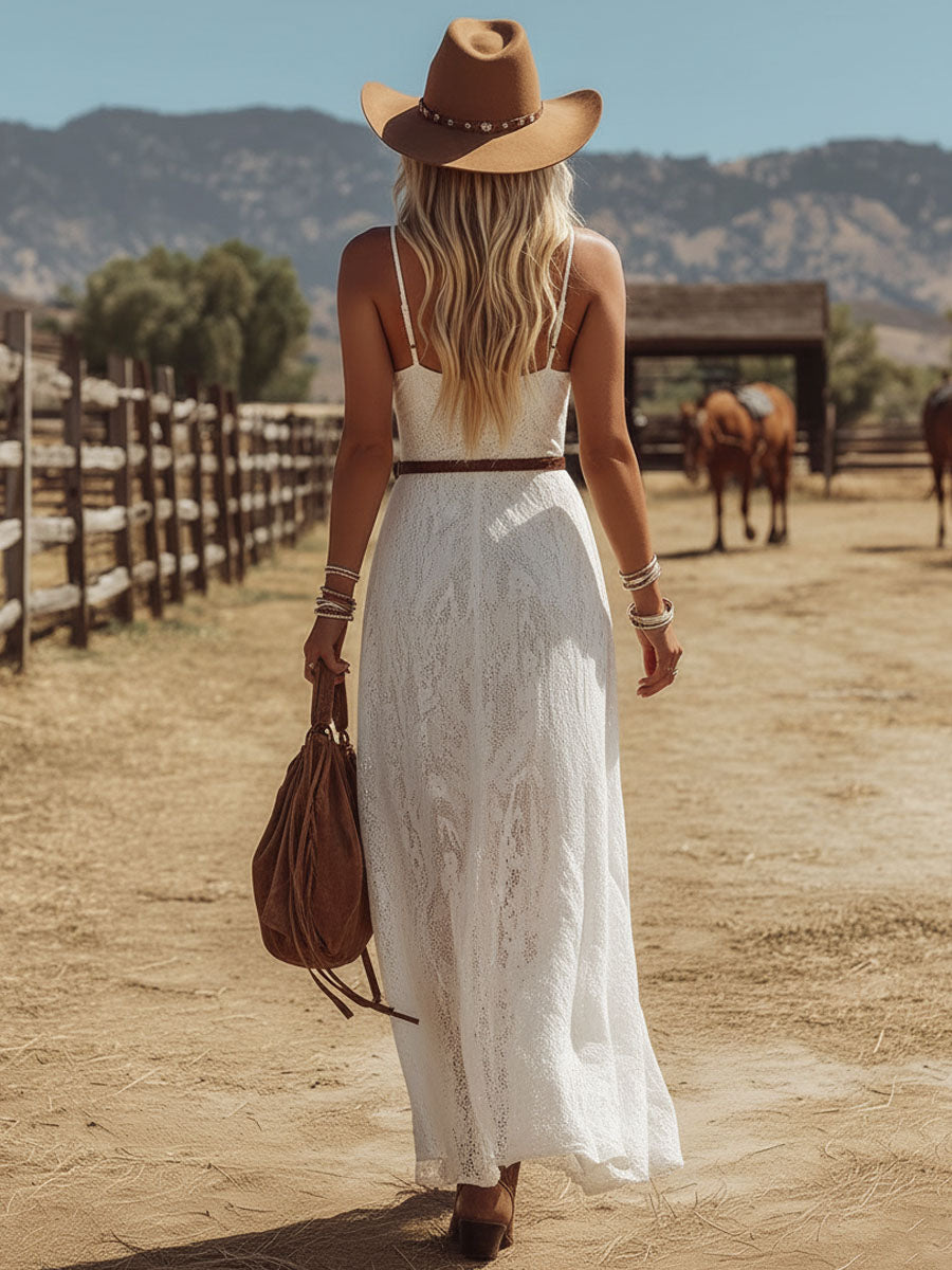 Lina - Maxikleid Western für den Urlaub aus Spitze mit V-Ausschnitt und ärmellosem Schnitt