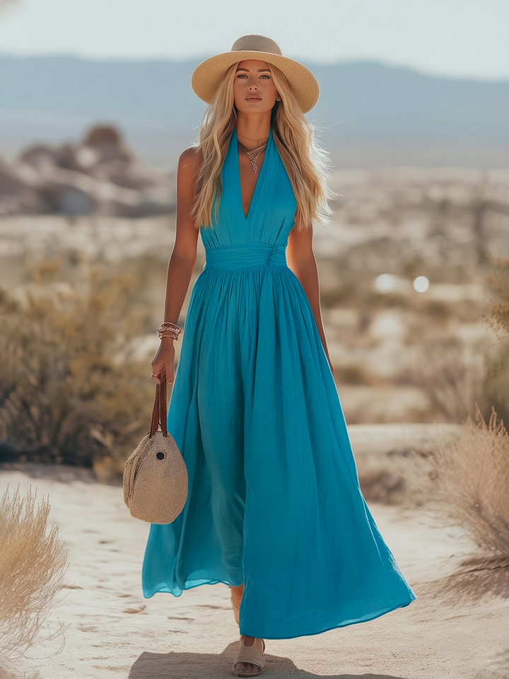 Sonja - Elegantes Maxikleid Western aus Leinen mit V-Ausschnitt und ärmellosem Schnitt