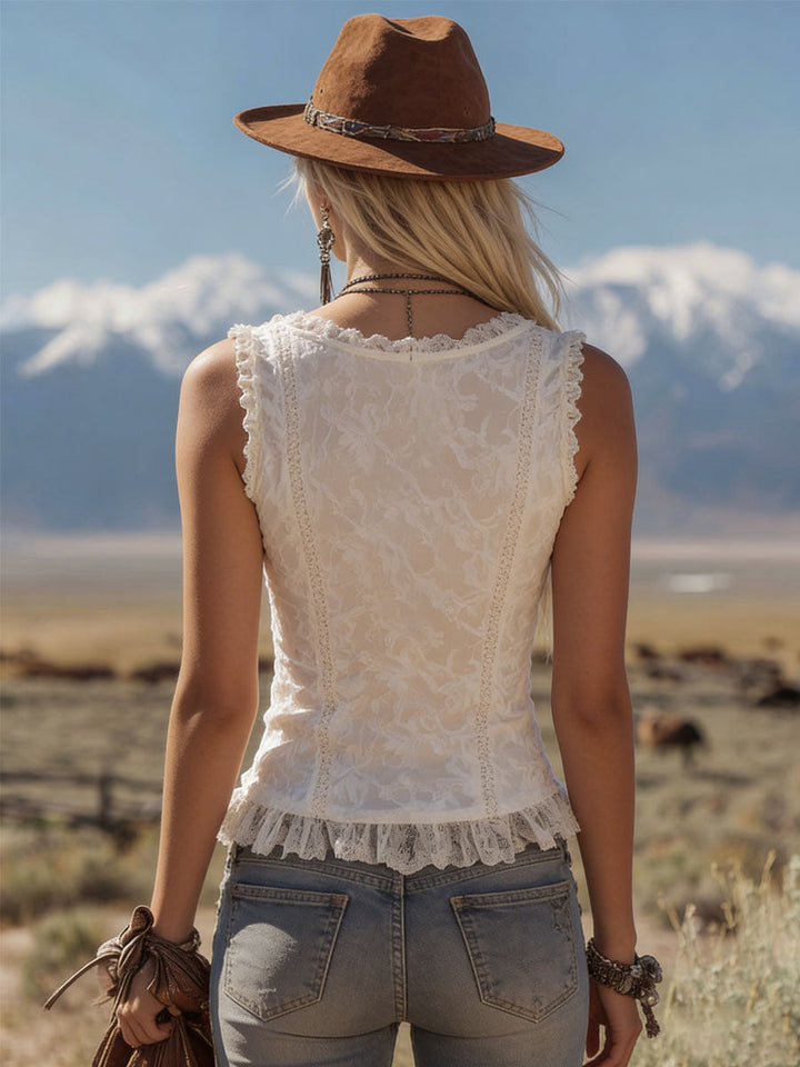 Ragna - Oberteil elegant Western aus Spitze mit Reißverschluss und V-Ausschnitt und ärmellosem Schnitt