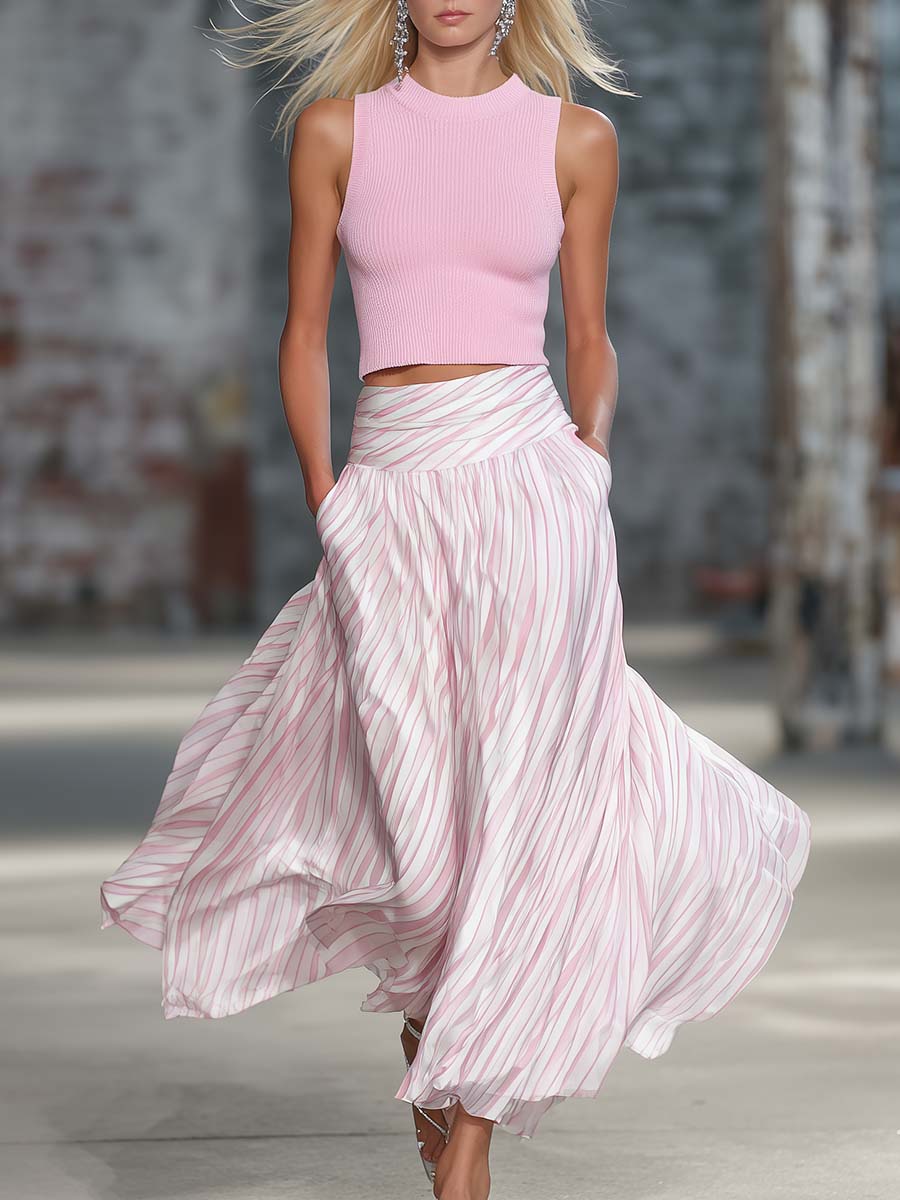 Yasmin - Elegantes Rock-Ensemble im Retro-Stil aus Chiffon gestreift ärmellos