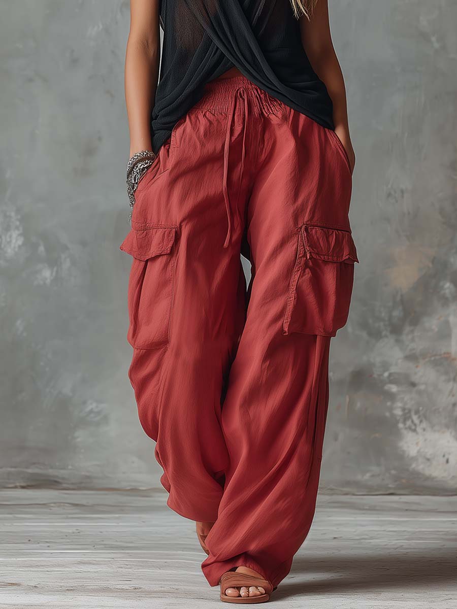 Senta - Lässiges Hosen-Ensemble Retro aus Leinen mit V-Ausschnitt und Einsätze durchbrochene Details ärmellos