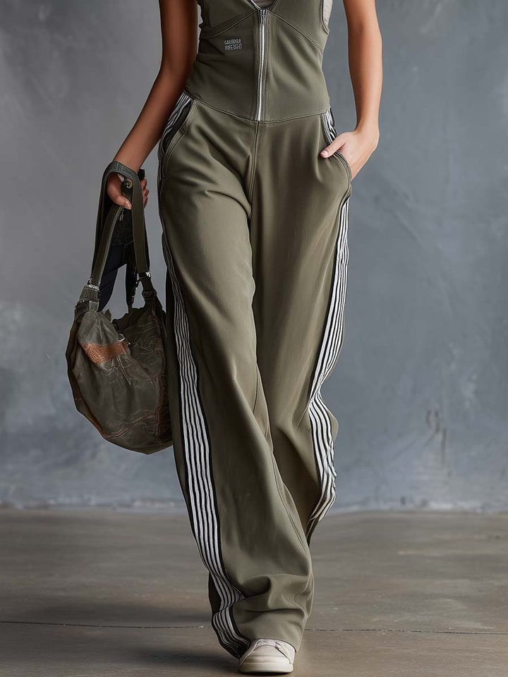 Nora - Overall Western im Retro-Stil aus technischem Gewebe mit Reißverschluss und V-Ausschnitt und ärmellosem Schnitt