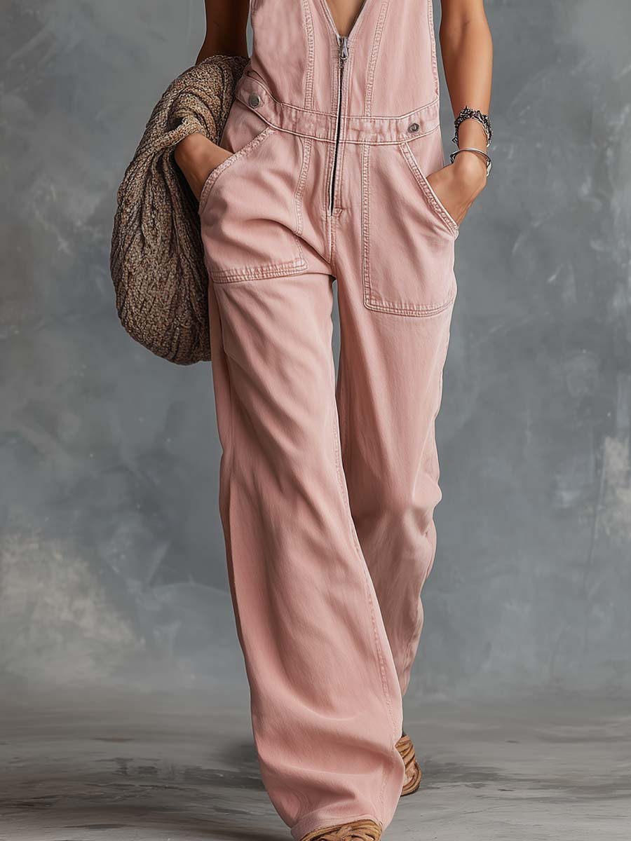 Talea - Overall lässig Retro aus Jeansstoff mit Reißverschluss und V-Ausschnitt und ärmellosem Schnitt