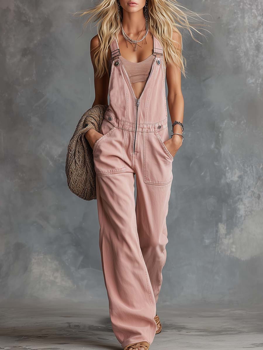 Talea - Overall lässig Retro aus Jeansstoff mit Reißverschluss und V-Ausschnitt und ärmellosem Schnitt