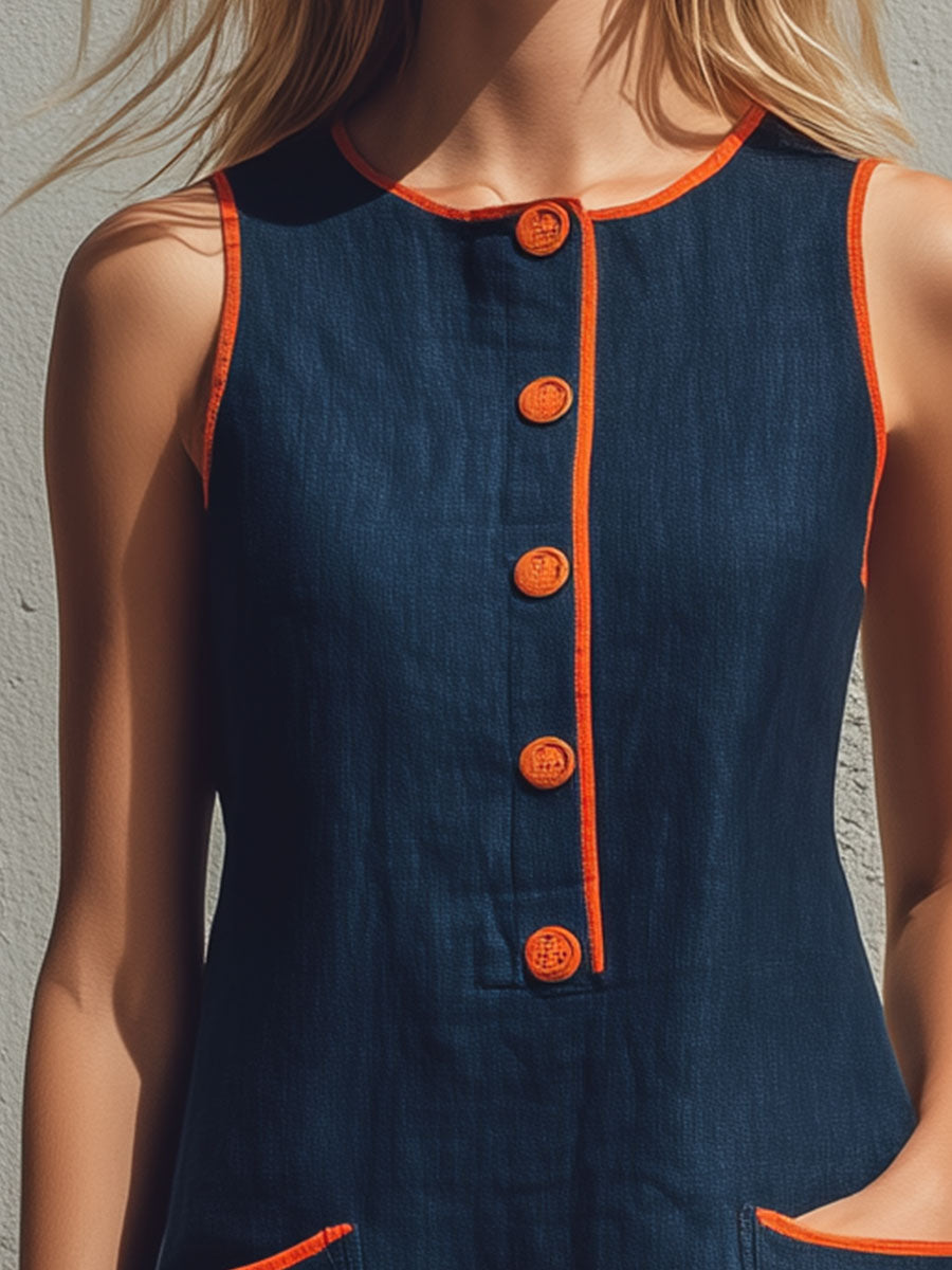 Antje - Minikleid lässig Retro aus Leinen im Farbblock-Design ärmellos