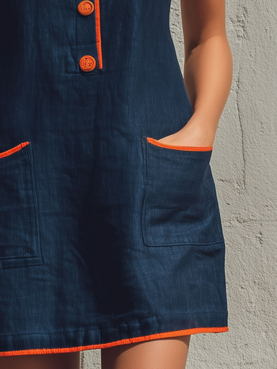 Antje - Minikleid lässig Retro aus Leinen im Farbblock-Design ärmellos