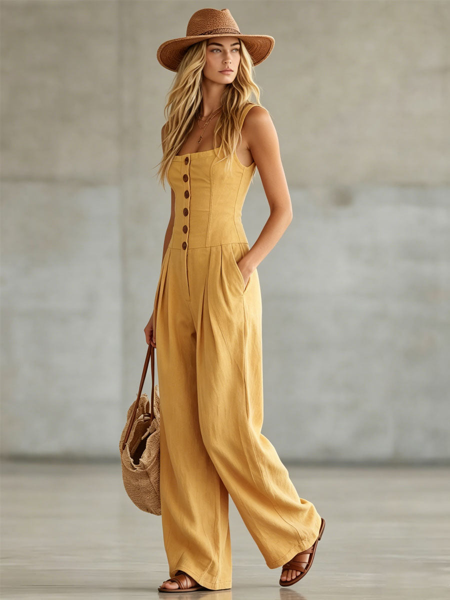 Sabrina - Overall Retro für den Alltag aus Leinen mit Kragen und schmalen Trägern ärmellos