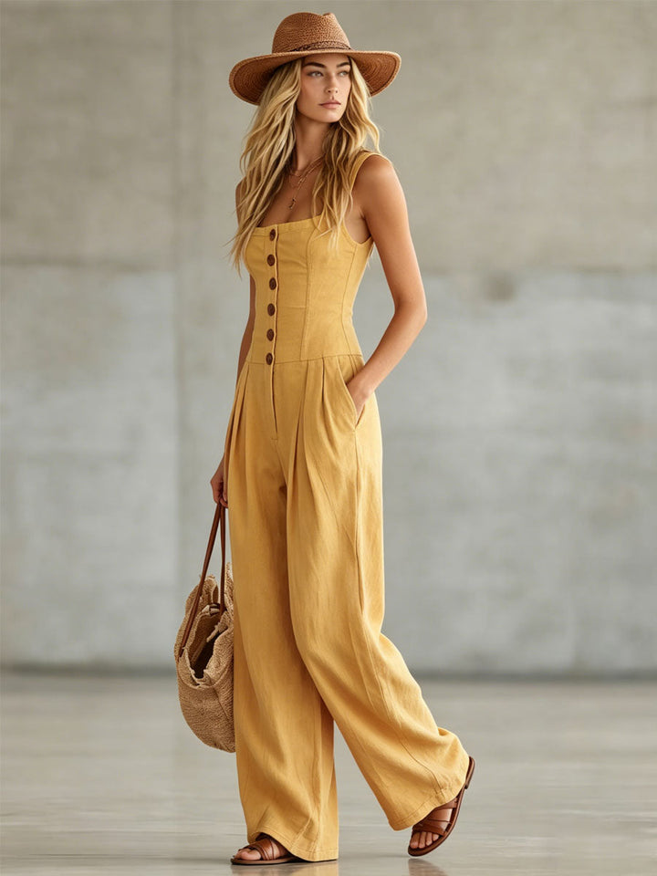 Sabrina - Overall Retro für den Alltag aus Leinen mit Kragen und schmalen Trägern ärmellos