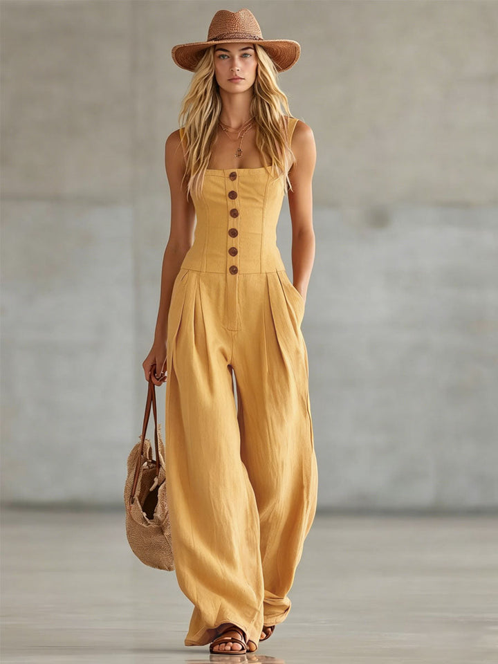 Sabrina - Overall Retro für den Alltag aus Leinen mit Kragen und schmalen Trägern ärmellos