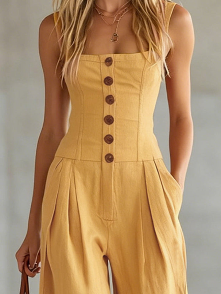 Sabrina - Overall Retro für den Alltag aus Leinen mit Kragen und schmalen Trägern ärmellos