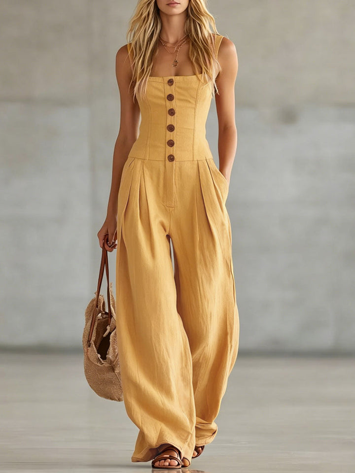 Sabrina - Overall Retro für den Alltag aus Leinen mit Kragen und schmalen Trägern ärmellos