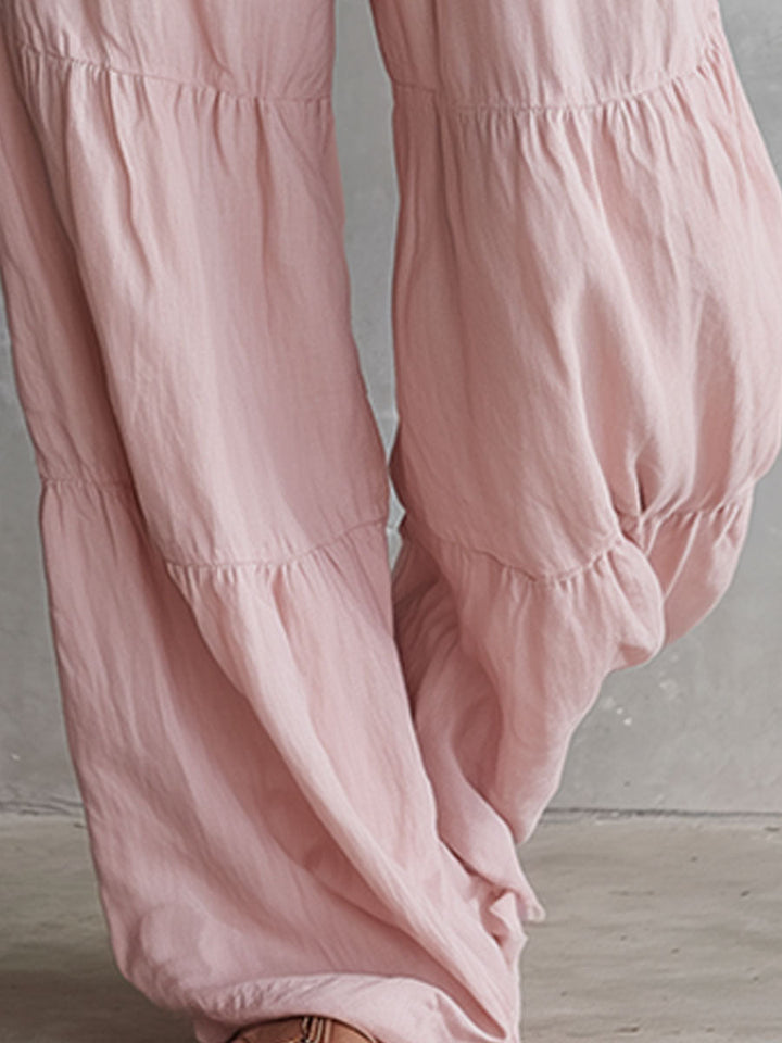 Saskia - Overall lässig Retro aus Leinen mit Volants und V-Ausschnitt und ärmellosem Schnitt