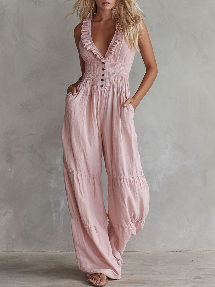 Saskia - Overall lässig Retro aus Leinen mit Volants und V-Ausschnitt und ärmellosem Schnitt