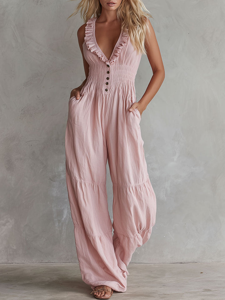 Saskia - Overall lässig Retro aus Leinen mit Volants und V-Ausschnitt und ärmellosem Schnitt