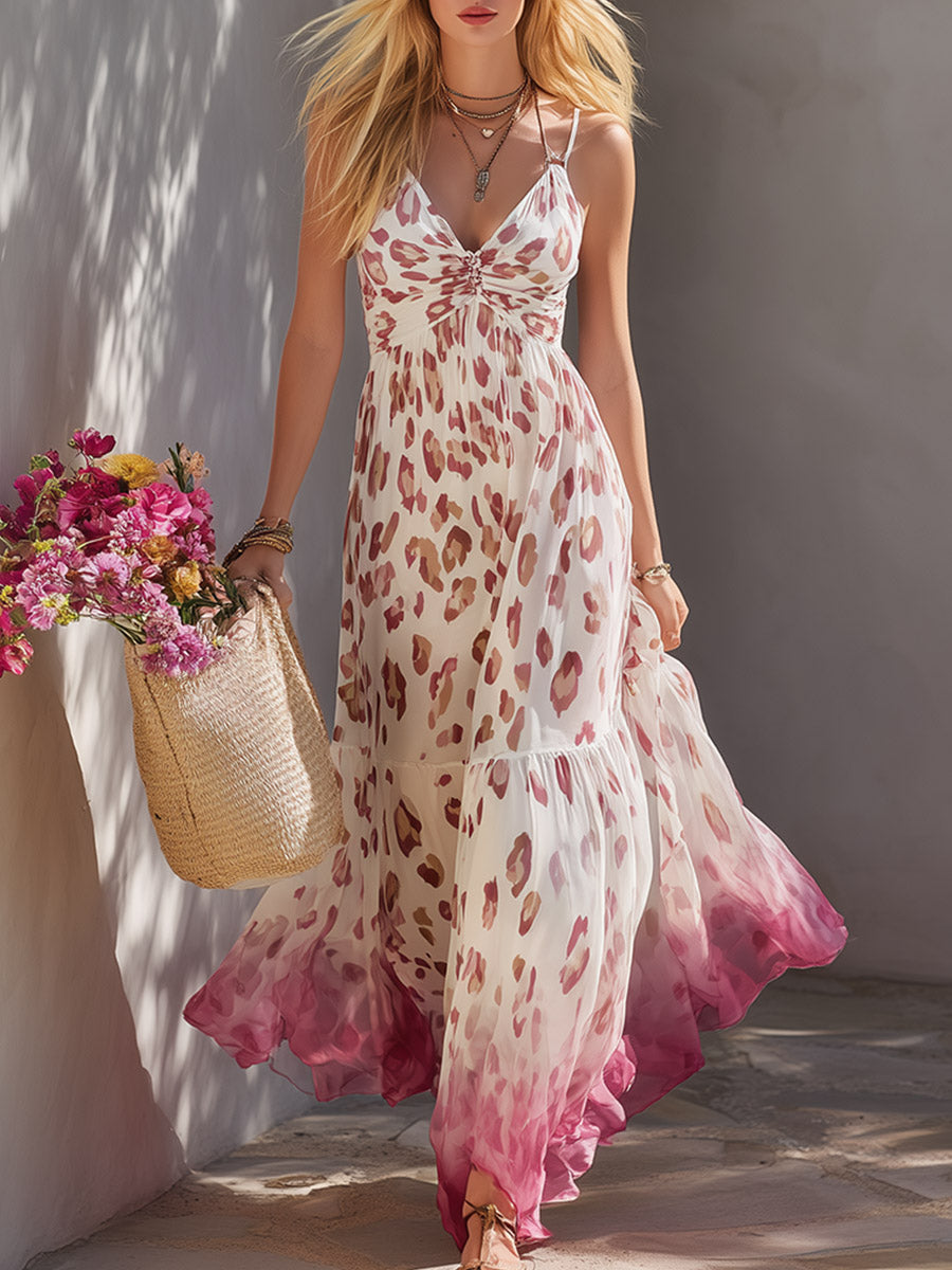 Zoé - Elegantes Maxikleid Retro aus Chiffon Leopardenmuster mit V-Ausschnitt und schmalen Trägern