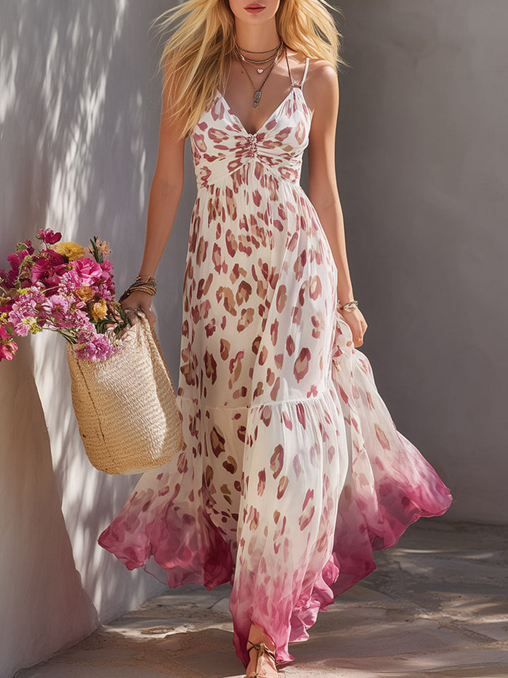 Zoé - Elegantes Maxikleid Retro aus Chiffon Leopardenmuster mit V-Ausschnitt und schmalen Trägern