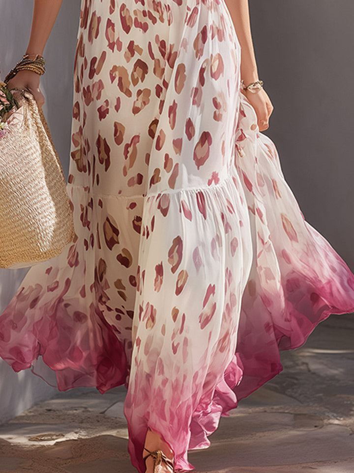 Zoé - Elegantes Maxikleid Retro aus Chiffon Leopardenmuster mit V-Ausschnitt und schmalen Trägern