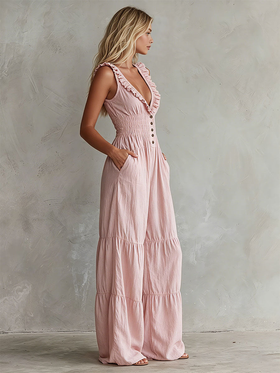 Saskia - Overall lässig Retro aus Leinen mit Volants und V-Ausschnitt und ärmellosem Schnitt