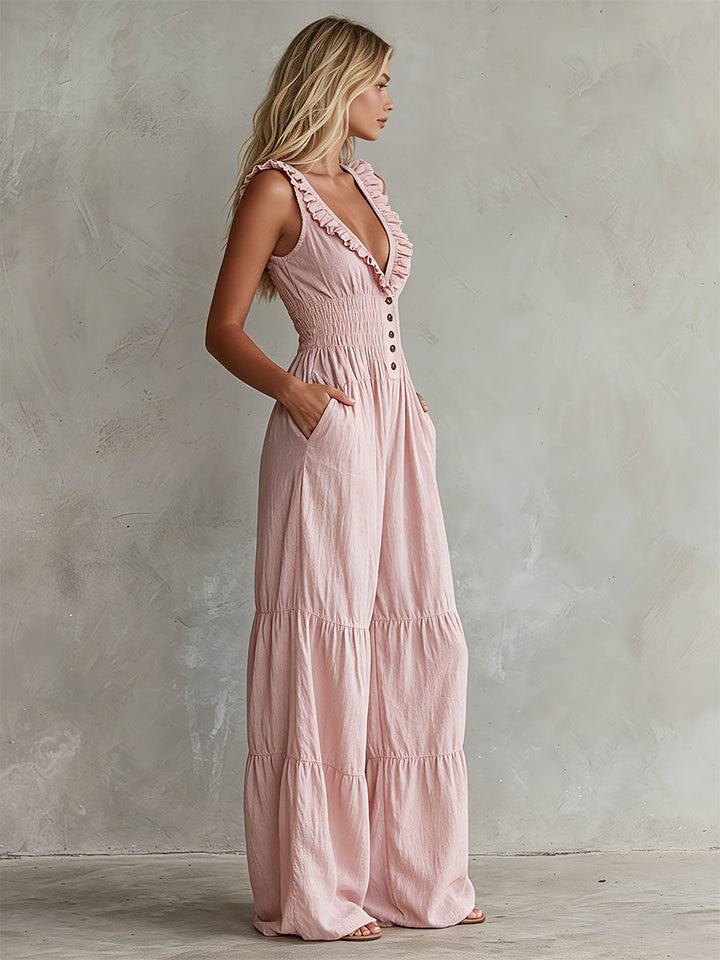 Saskia - Overall lässig Retro aus Leinen mit Volants und V-Ausschnitt und ärmellosem Schnitt