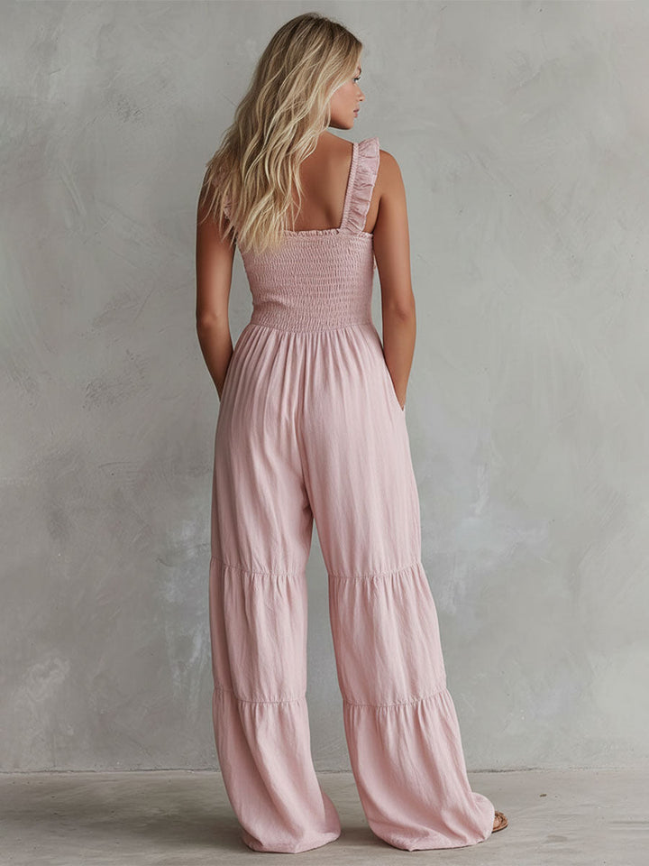 Saskia - Overall lässig Retro aus Leinen mit Volants und V-Ausschnitt und ärmellosem Schnitt
