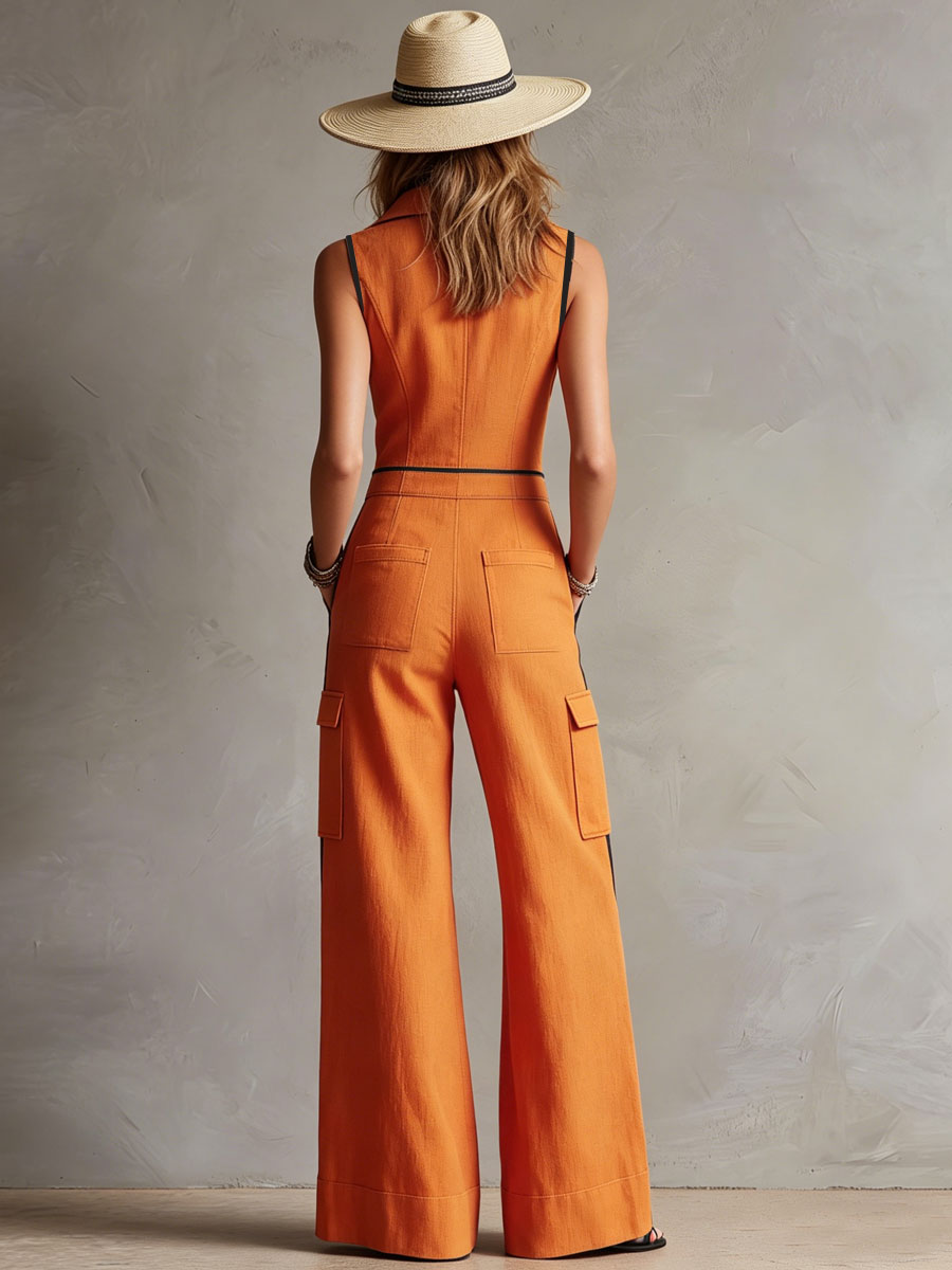 Telse - Overall lässig Retro aus Leinen im Farbblock-Design mit Reißverschluss und Kragen ärmellos