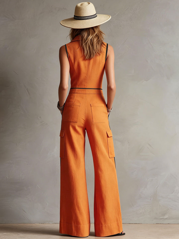 Telse - Overall lässig Retro aus Leinen im Farbblock-Design mit Reißverschluss und Kragen ärmellos
