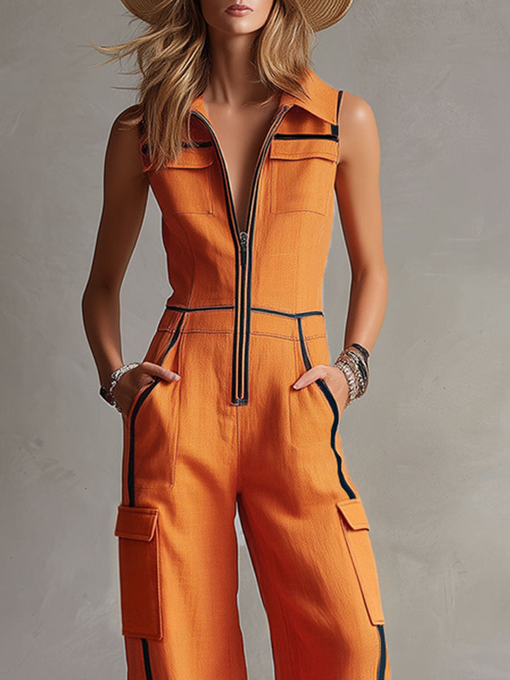 Telse - Overall lässig Retro aus Leinen im Farbblock-Design mit Reißverschluss und Kragen ärmellos
