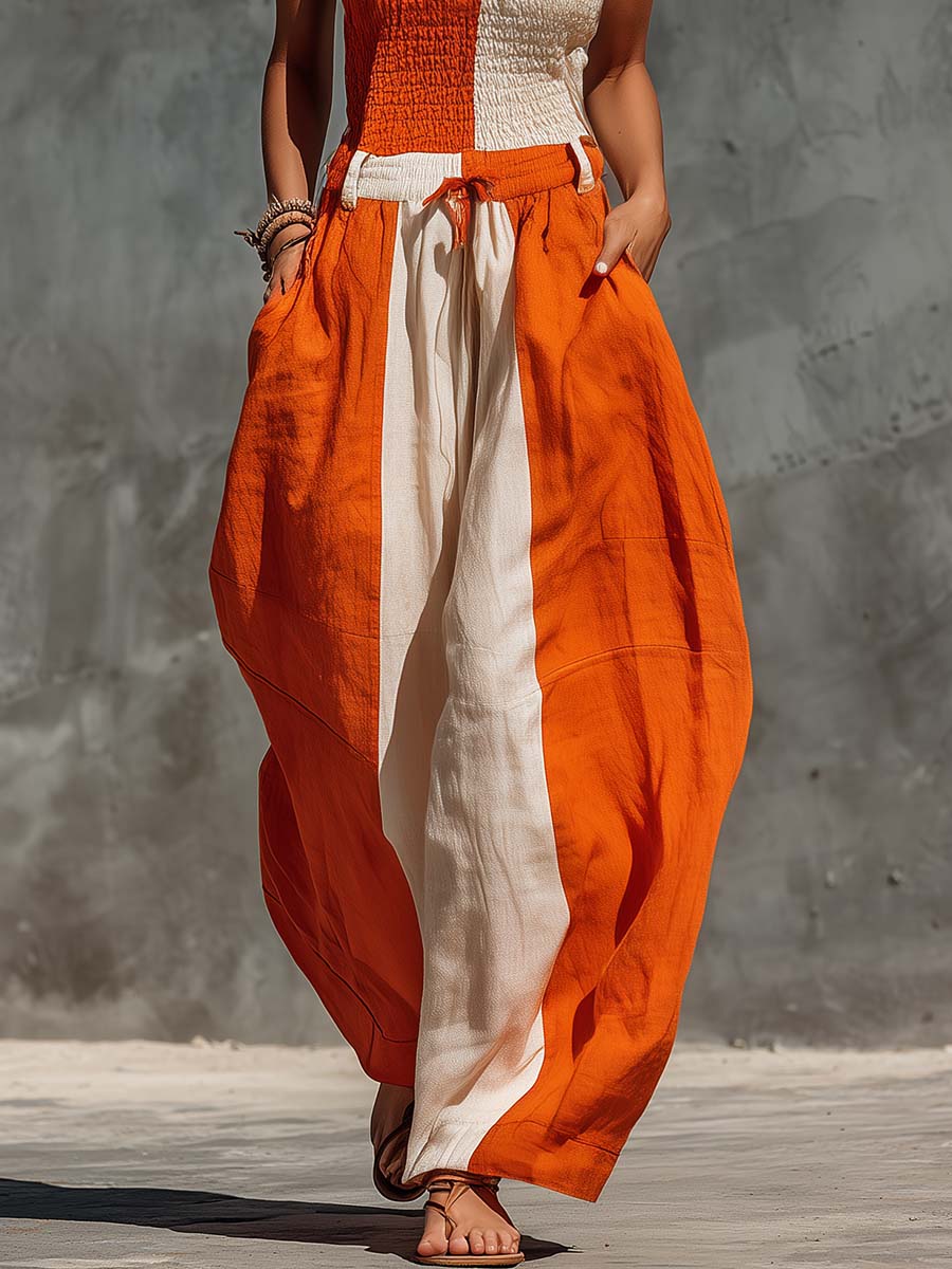 Marlene - Overall lässig Western aus Leinen im Farbblock-Design mit schmalen Trägern und schulterfrei und ärmellos