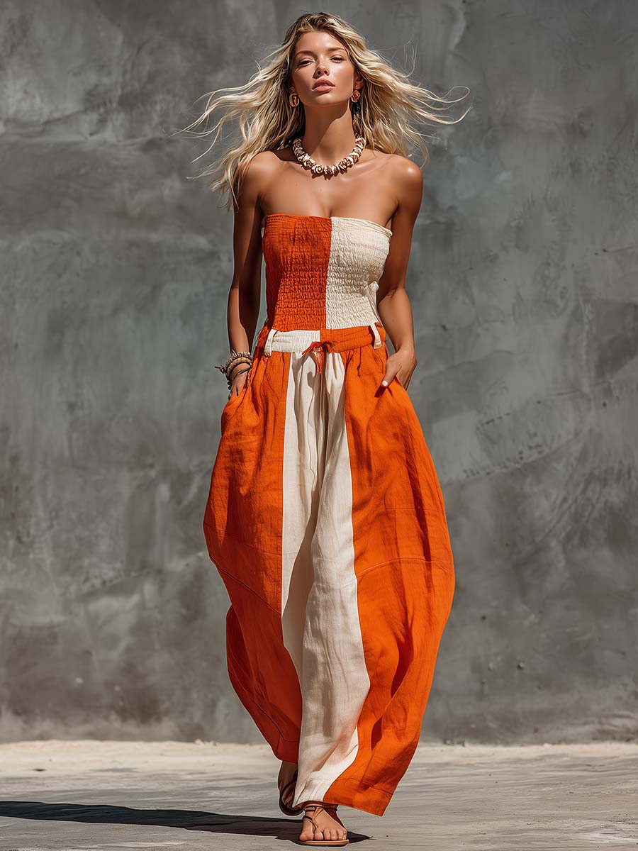 Marlene - Overall lässig Western aus Leinen im Farbblock-Design mit schmalen Trägern und schulterfrei und ärmellos