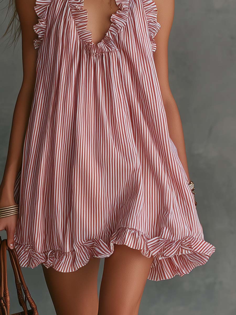 Wenke - Minikleid lässig Retro gestreift mit Volants und V-Ausschnitt und ärmellosem Schnitt