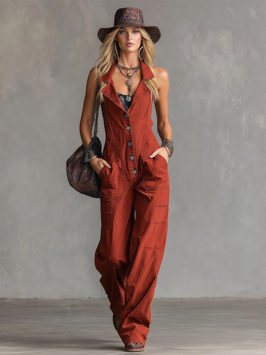 Waltraud - Overall Retro für den Alltag aus Jeansstoff mit Kragen und V-Ausschnitt