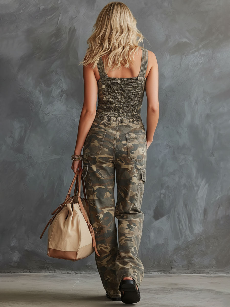 Antonia - Overall Western im Retro-Stil aus Jeansstoff Camouflage mit Reißverschluss ärmellos