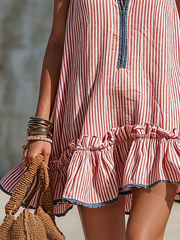 Hannah - Minikleid lässig Retro aus Leinen gestreift mit Volants ärmellos